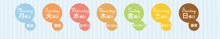 月曜日 朝食　火曜日 昼食　水曜日 おやつ　木曜日 おつまみ　金曜日 アペリティフ　土曜日 おやつ　日曜日 昼食