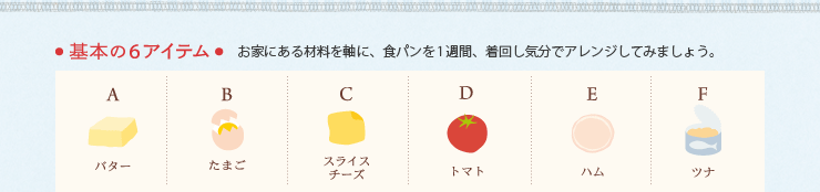 基本の6アイテム　お家にある材料を軸に、食パンを1週間、着回し気分でアレンジしてみましょう。